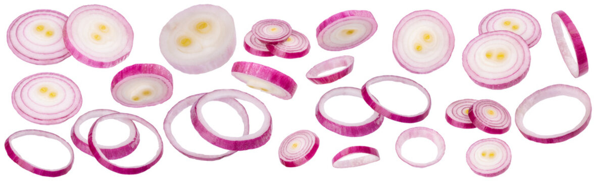 Sliced red onion and half of a purple onion isolated png transparent, featuring onion rings and slices displayed in a set