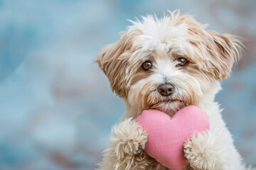 Cute white dog holding pink plush heart in paws