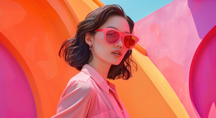 A fashion photoshoot of an elegant a Asian woman wearing sunglasses and stylish , standing in front of colorful abstract shapes