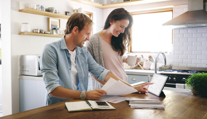Happy, couple and tablet with documents at house for financial planning, bank balance and debt...
