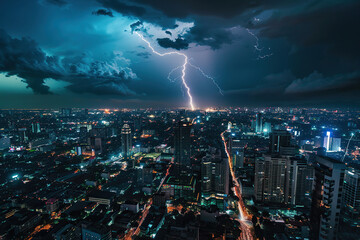 Obraz premium Generative ai on theme of scary bright electric lightning bolt with branches in the night dark sky
