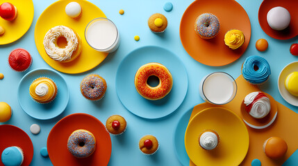 Fototapeta premium Conceptual Table Spread with Donuts, Muffins, Cupcakes, Coffee, and Milk