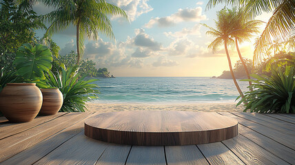 3D rendering of summer product presentation on a wooden podium, with a blurred beach scene behind