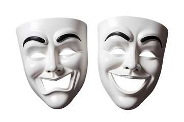 A high-resolution image featuring a pair of white theatrical masks set against a transparent background. 