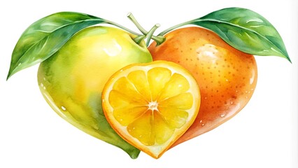 A Symphony of Citrus: A Watercolor Portrait of Lemon and Orange in a Heart Shape  Generative AI