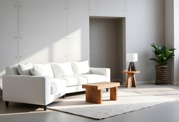 Interior of A modern living room with a gray sofa, wooden coffee table, and a potted plant in the corner