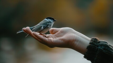 Bird perched on an open hand, ready to take flight.