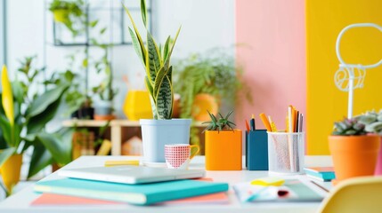 Creative office desk with colorful accessories and plants.
