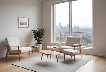 Fototapeta premium Interior of A modern living room with a gray sofa, wooden coffee table, and a potted plant in the corner