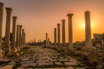 The row of Roman columns at the Al Mina archeological site at Tyre (Sour), Lebanon during the beautiful sunset.
