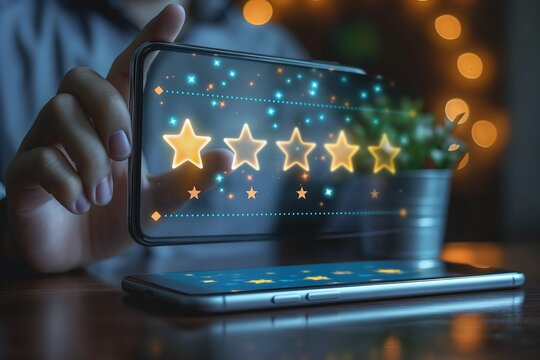 Customer review satisfaction feedback survey concept. User give rating to service excellent experience on mobile phone application, Client evaluate quality of service reputation ranking of business