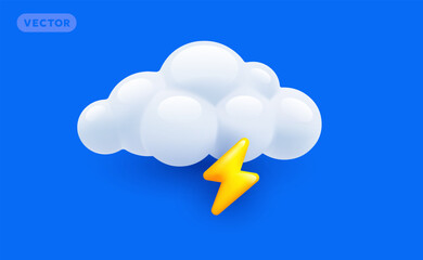 Vector weather storm day illustration of shine yellow color lightning with fluffy cloud on blue background with shadow. 3d cartoon style design of thunderstorm cloud with lightning