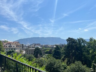 Viewpoint ‎⁨from the Promenade de la Treille⁩, ⁨overlooking the city of Geneva⁩.  At the edge of the old town, the viewpoint offers a panorama view of the city.  No people.