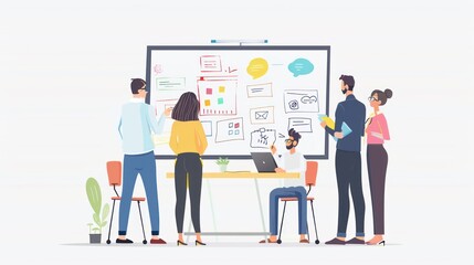 Office meeting with participants brainstorming on a whiteboard.