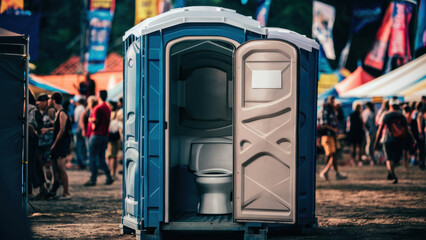 A portable toilet in a field with people around it, AI