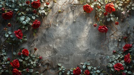 Red roses framing a textured gray wall with soft lighting in a natural setting