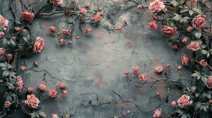 Delicate pink roses framing cracked gray wall in soft light