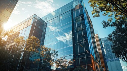 A modern office building with glass in city