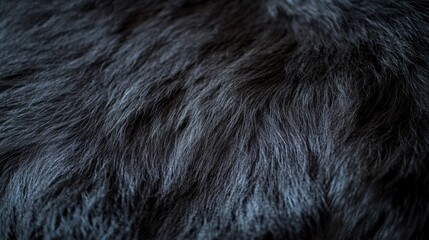Closeup of black animal fur texture background showing detailed and soft fluffy hair surface for natural pattern design