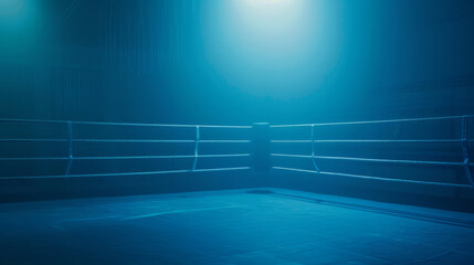 boxing ring stands empty under a single spotlight, casting a blue glow and creating a dramatic atmosphere with the presence of smoke.