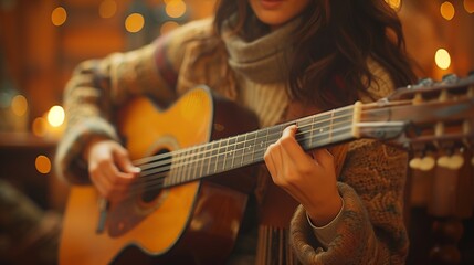 Fototapeta premium Young Musician Playing Acoustic Guitar in Cozy Indoor Setting With Soft Lighting