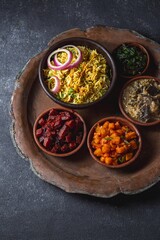 An assortment of vibrant, flavorful vegetarian Pakistani and Indian dishes, including biryani rice, served in bowls on a rustic platter