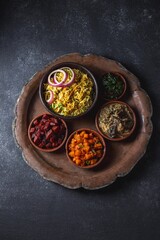 An assortment of vibrant, flavorful vegetarian Pakistani dishes, including biryani rice, served in small wooden bowls on a rustic platter, garnished with fresh herbs and onions