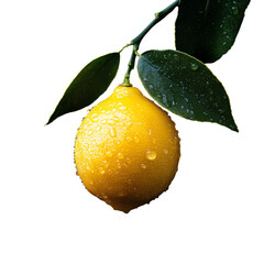 Single Lemon with Dew and Leaf on a White Transparent Background PNG