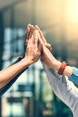 Team, business people and hands in office for high five, celebration or success for corporate...