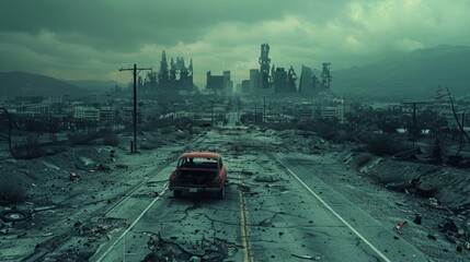 Abandoned car on desolate road in post-apocalyptic cityscape at dusk