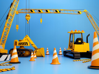A dynamic 3D construction zone birthday party background with bulldozers, cones, and cranes, perfect for a hands-on celebration. Empty copy space included for text. AI