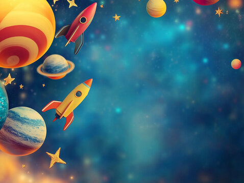 A cosmic 3D space galaxy birthday party background with planets, rockets, and stars, perfect for an out-of-this-world celebration. Empty copy space included for text.. AI