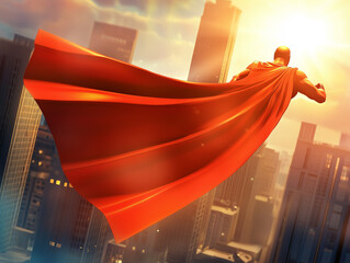A powerful 3D superhero birthday party background with capes, masks, and cityscapes, perfect for a heroic celebration. Empty copy space included for text.. AI