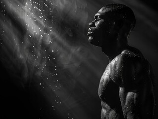 african boxer, drenched in sweat, stands in the ring under the focused beam of a spotlight.