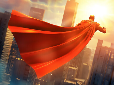 A powerful 3D superhero birthday party background with capes, masks, and cityscapes, perfect for a heroic celebration. Empty copy space included for text.. AI - Powered by Adobe