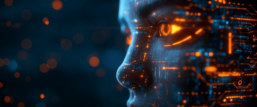 A dark blue background, a scene displaying the dangers of AI for cybersecurity, cybercrime