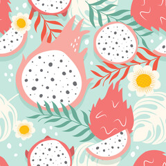 Seamless pattern dragon fruit on white background. vector illustration.