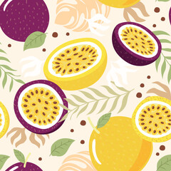 Seamless pattern passion fruit whole and slice on background. Vector illustration.