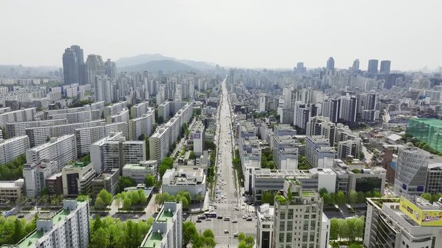 rone View of Seoul city in South Korea, gangnam financial district, Summer 60fps