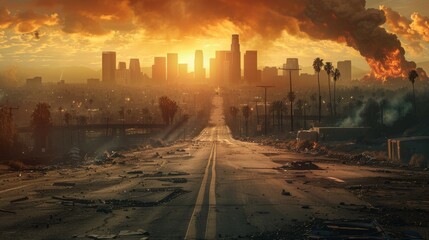 Apocalyptic sunset over abandoned city streets with fiery smoke rising