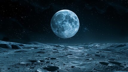 Full moon illuminates lunar surface under starry sky
