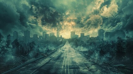 Naklejka premium Desolate cityscape under ominous clouds at dusk