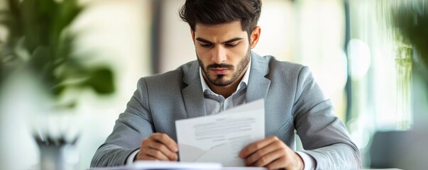 Fototapeta premium A focused man in a suit reviews important documents in a modern office environment, showcasing professionalism and concentration.