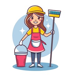 Happy cleaning lady with a broom and bucket cartoon illustration, white background, with a simple design, cute style, using simple lines and shapes, simple logo