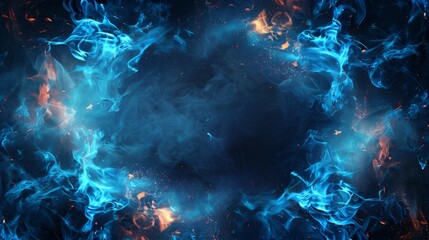 Blue and orange flames dance in dark background creating ethereal atmosphere