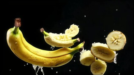 whole and sliced ​​bananas floating on black background - Powered by Adobe