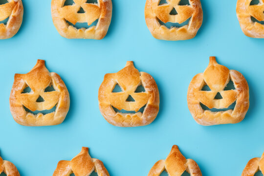 Breads pattern in a shape of a Halloween pumpkin isolated on a blue background 