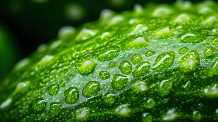 Closeup of a cucumbers surface highlighting the dark green skin with bumpy texture and tiny white spines 