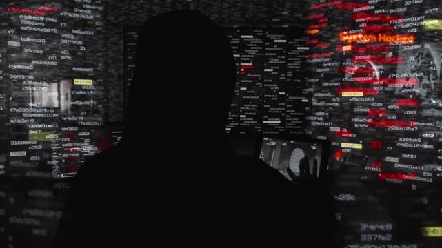 

Hacker in Hood Working in Dark Abstract Room Computer Keyboard Typing with Digital Virtual Script Texts and Numbers Flying. Anonymous Man Without Face Hacking the System. Cyberattack. Fingerprint