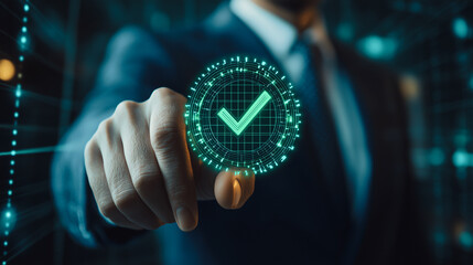 A business professional confidently presses a digital holographic check mark, symbolizing successful approval and completion in a tech-driven environment.
